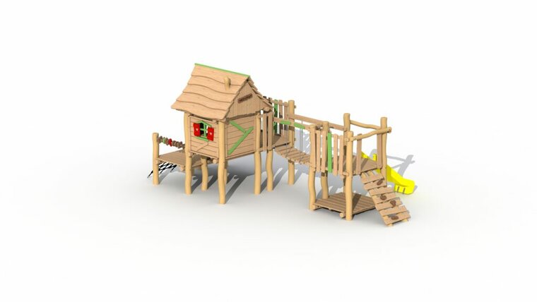 Achter aanzicht Eco-Play Minidorp Stropersbos met kunststof glijbaan geel