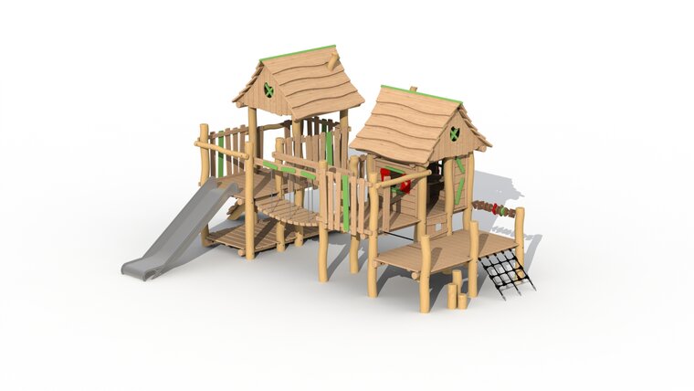 Eco-Play Minidorp Stropersbos met 2 huisjes en RVS glijbaan Robinia Openbaar