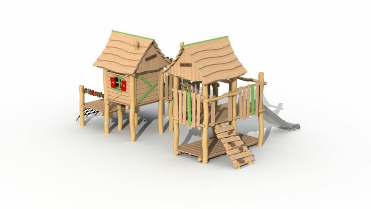 Eco-Play Minidorp Stropersbos met 2 huisjes en RVS glijbaan Robinia Openbaar