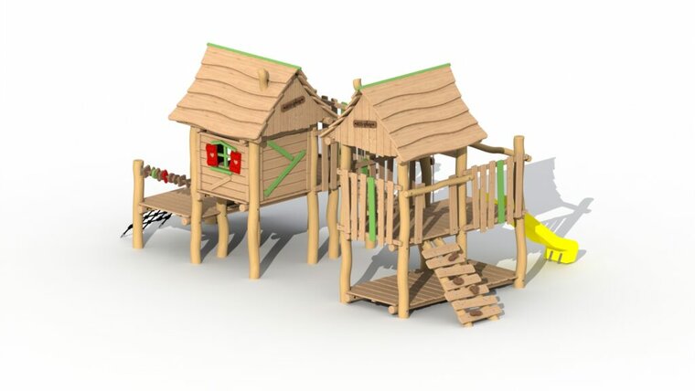 Eco-Play Minidorp Stropersbos met 2 huisjes en kunsstof glijbaan geel