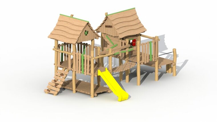 Zicht op klimwandje op Eco-Play Minidorp Stropersbos met 2 huisjes en kunsstof glijbaan geel
