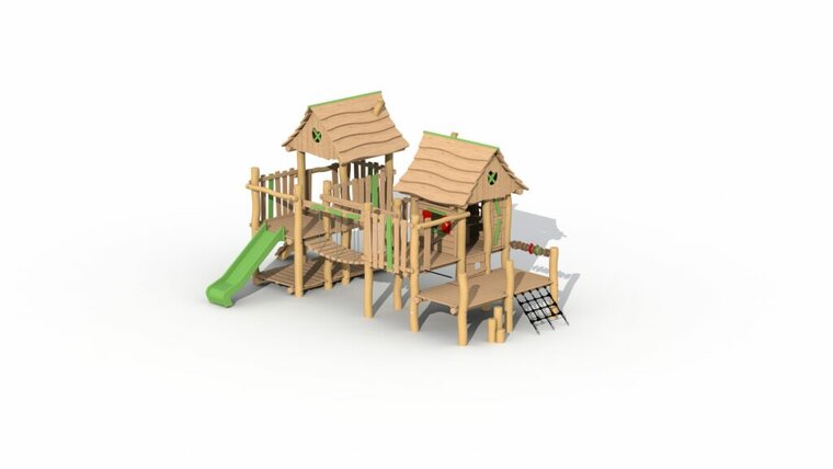 Eco-Play Minidorp Stropersbos met 2 huisjes en kunsstof glijbaan groen Robinia Openbaar