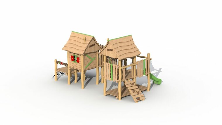 Achterkant Eco-Play Minidorp Stropersbos met 2 huisjes en kunsstof glijbaan groen Robinia