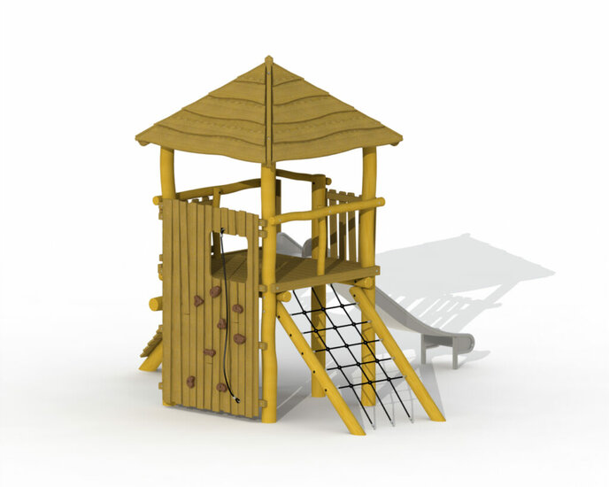 Zicht op klimnet op de Tovertoren met dak Robinia Openbaar