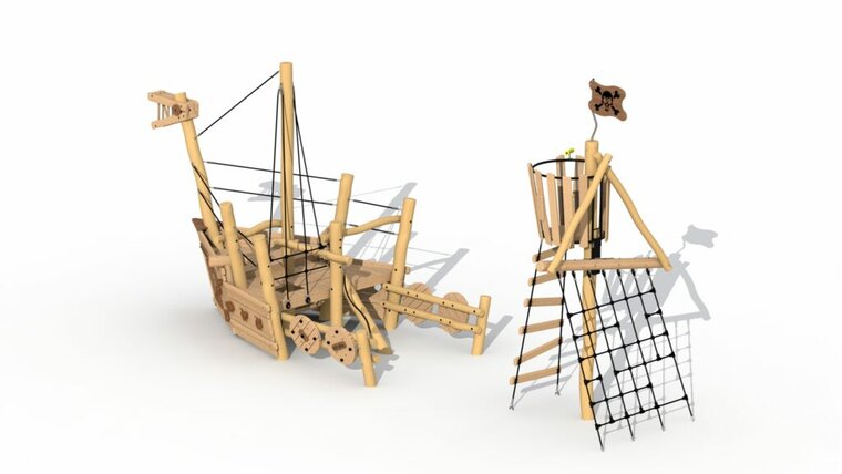 Zicht op uitkijkmast van de Eco-Play Piratenboot Albatros Voorsteven en Uitkijkmast Robinia