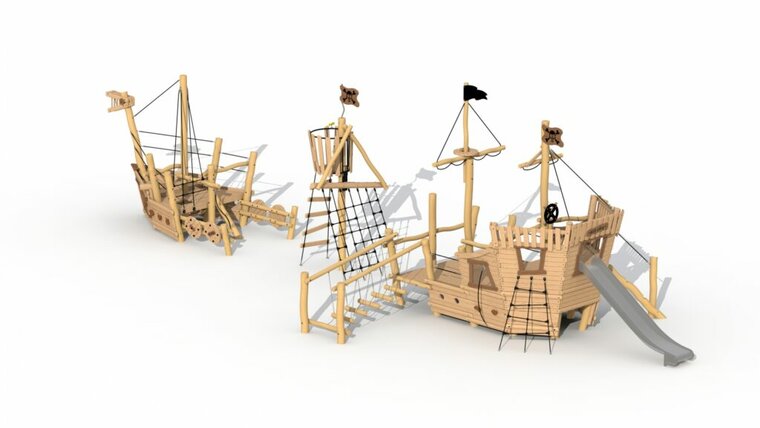 Zij aanzicht op de Piratenboot Eco-Play Piratenboot Albatros Voorsteven, Uitkijkmast en Achtersteven Robinia
