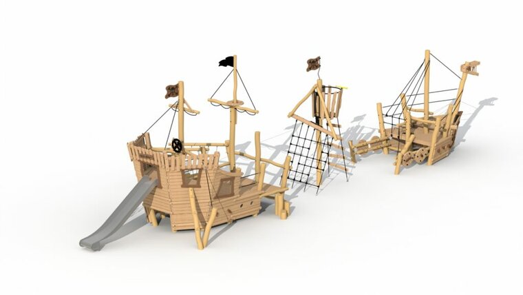 Zicht op de glijbaan can de Eco-Play Piratenboot Albatros Voorsteven, Uitkijkmast en Achtersteven Robinia Openbaar