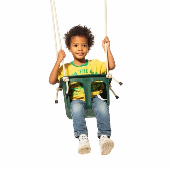 kind in geel swingt in Rigide Babyschommel Donkergroen met Beige BR-touw