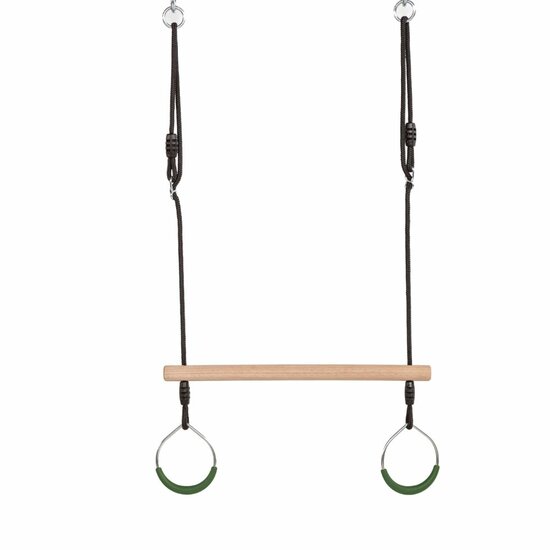 Houten Trapeze met Groene Metalen Ringen en Zwart BR-touw