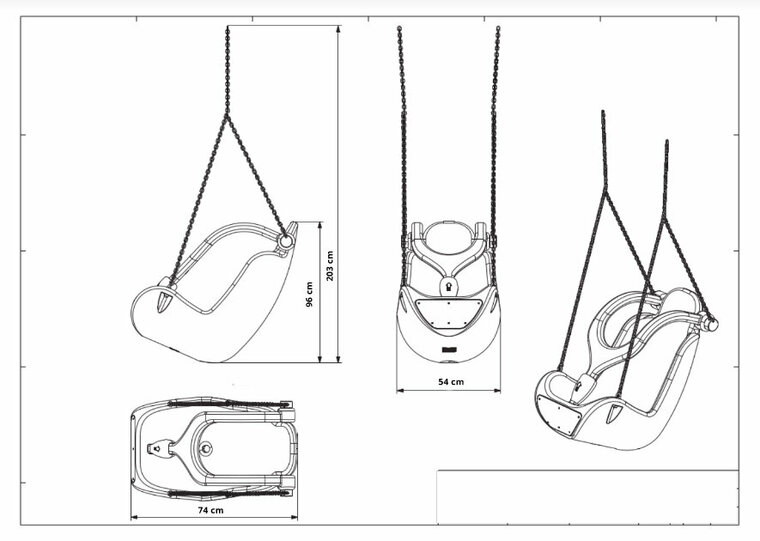 schematische tekening van Kuipschommel Blauw met Beugel + RVS ketting voor personen met handicap / beperking