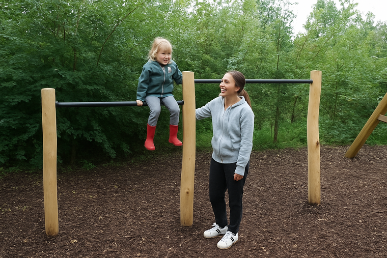 ouder en kind spelen met duikelrek duo
