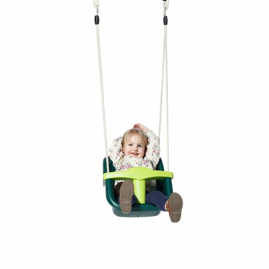 meisje schommelt in Babyschommel Luxe Donkergroen/Limoengroen met Beige BR-touwen