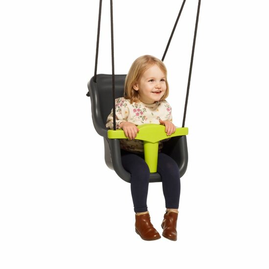 meisje schommetl in Babyschommel Luxe Antraciet/Limoengroen met Zwarte BR-touwen