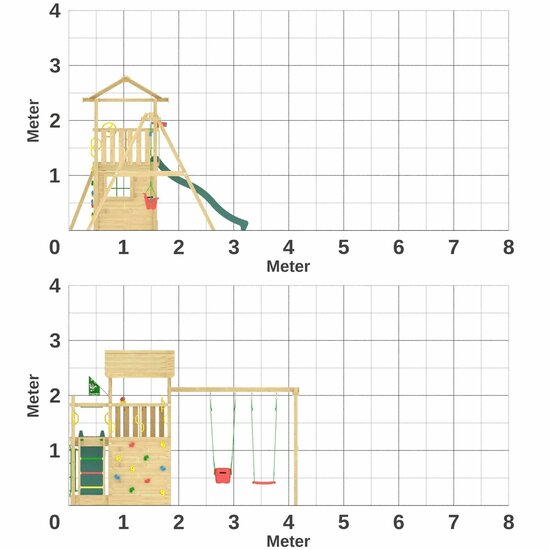 afmetingen van Houten Speeltoren Jungle Cavern met Glijbaan en Dubbele Schommel