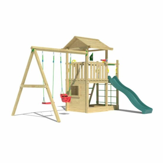 Houten Speeltoren Jungle Cavern met Glijbaan en Dubbele Schommel