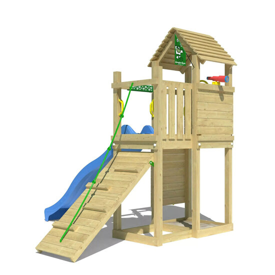 Houten Speeltoren Jungle Roamer met Blauwe Glijbaan achteraanzicht