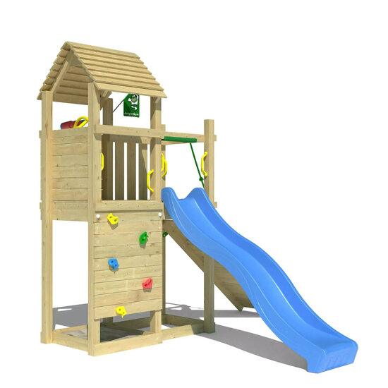 klimmuur aanzicht Houten Speeltoren Jungle Roamer met Blauwe Glijbaan