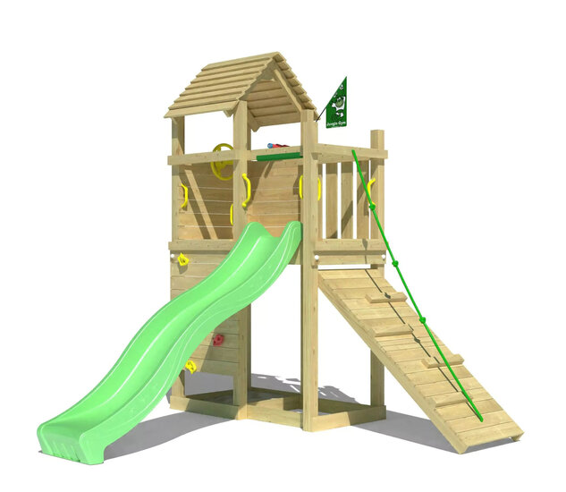 Houten Speeltoren Jungle Roamer met Lichtgroene Glijbaan