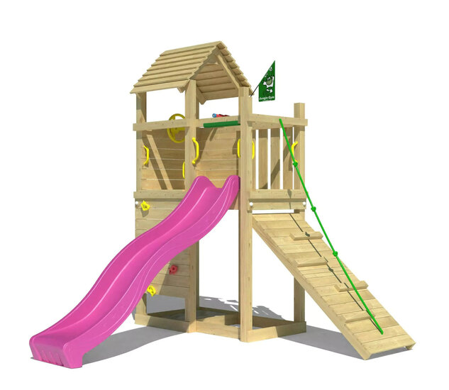 Houten Speeltoren Jungle Roamer met Fuchsia Glijbaan