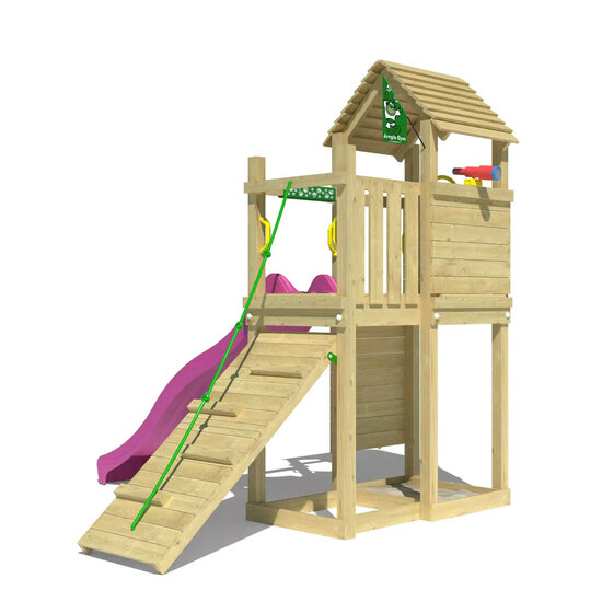 aanzicht van klimwand Houten Speeltoren Jungle Roamer met Fuchsia Glijbaan