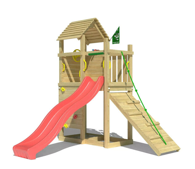 Houten Speeltoren Jungle Roamer met Rode Glijbaan
