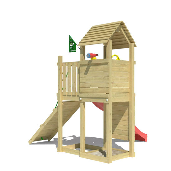 achteraanzicht van Houten Speeltoren Jungle Roamer met Rode Glijbaan