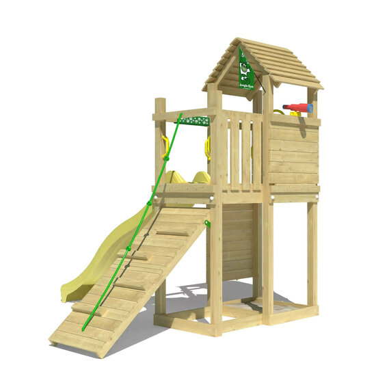 Houten Speeltoren Jungle Roamer met Gele Glijbaan achterkant