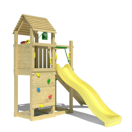 Aanzicht van klimwand van Houten Speeltoren Jungle Roamer met Gele Glijbaan