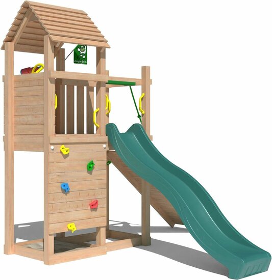 vooraanzicht van Premium Douglas Houten Speeltoren Jungle Roamer met Groene Glijbaan