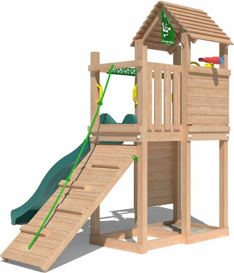 zijaanzicht van Premium Douglas Houten Speeltoren Jungle Roamer met Groene Glijbaan