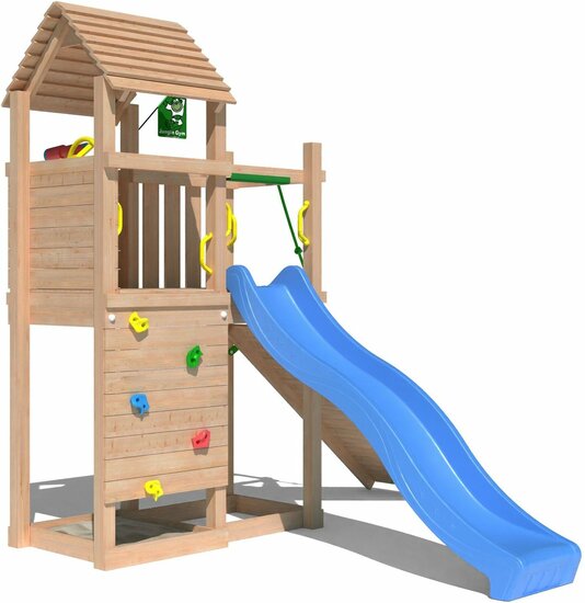 vooraanzicht van Premium Douglas Houten Speeltoren Jungle Roamer met Blauwe Glijbaan