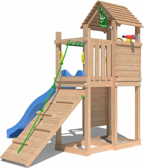 zijaanzicht van Premium Douglas Houten Speeltoren Jungle Roamer met Blauwe Glijbaan