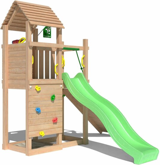 vooraanzicht van Premium Douglas Houten Speeltoren Jungle Roamer met Lichtgroene Glijbaan