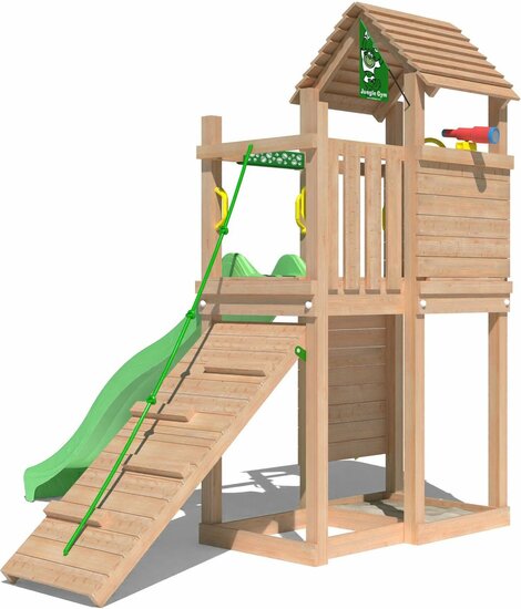 zijaanzicht van Premium Douglas Houten Speeltoren Jungle Roamer met Lichtgroene Glijbaan
