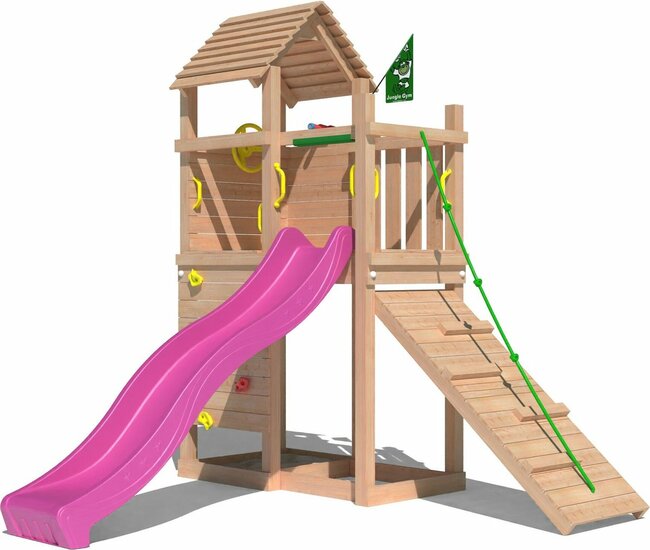 Premium Douglas Houten Speeltoren Jungle Roamer met Fuchsia Glijbaan