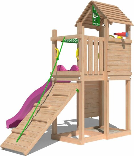 zijaanzicht van Premium Douglas Houten Speeltoren Jungle Roamer met Fuchsia Glijbaan
