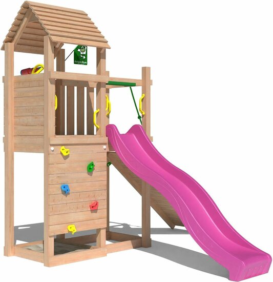 vooraanzicht van Premium Douglas Houten Speeltoren Jungle Roamer met Fuchsia Glijbaan