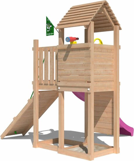 achteraanzicht van Premium Douglas Houten Speeltoren Jungle Roamer met Fuchsia Glijbaan
