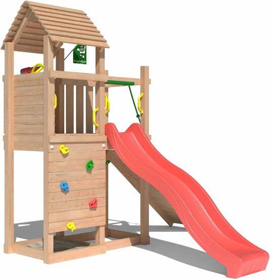 vooraanzicht van Premium Douglas Houten Speeltoren Jungle Roamer met Rode Glijbaan
