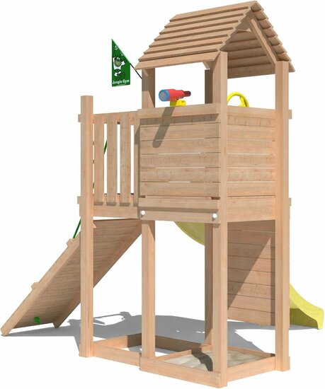 achteraanzicht van Premium Douglas Houten Speeltoren Jungle Roamer met Gele Glijbaan
