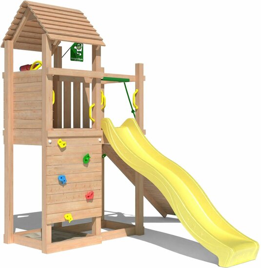 vooraanzicht van Premium Douglas Houten Speeltoren Jungle Roamer met Gele Glijbaan