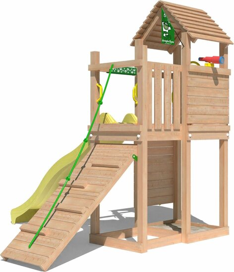 zijaanzicht van Premium Douglas Houten Speeltoren Jungle Roamer met Gele Glijbaan