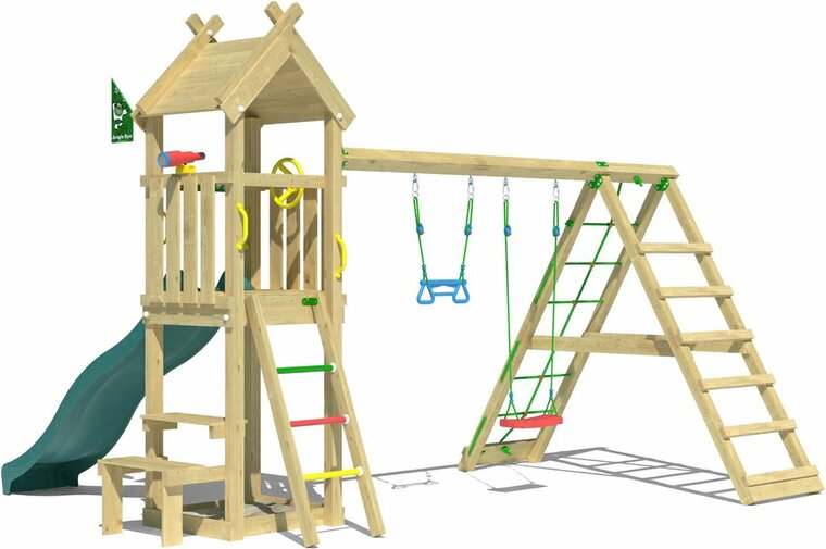 achteraanzicht van Houten Speeltoren Jungle Totem met Groene Glijbaan en Klimnet