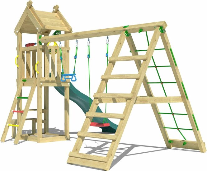 zijaanzicht van Houten Speeltoren Jungle Totem met Groene Glijbaan en Klimnet