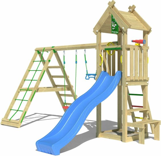 Houten Speeltoren Jungle Totem met Blauwe Glijbaan en Klimnet