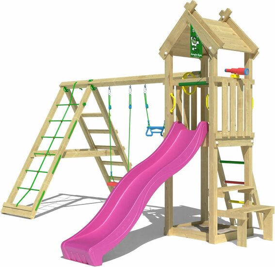 Houten Speeltoren Jungle Totem met Fuchsia Glijbaan en Klimnet