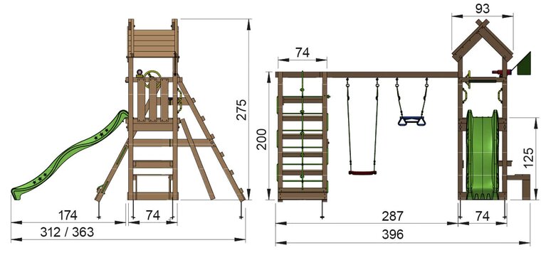 afmetingen van Houten Speeltoren Jungle Totem met Glijbaan en Klimnet