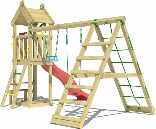 zijaanzicht van Houten Speeltoren Jungle Totem met Rode Glijbaan en Klimnet