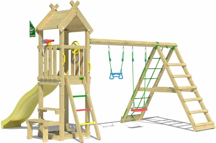 achteraanzicht op Houten Speeltoren Jungle Totem met Gele Glijbaan en Klimnet