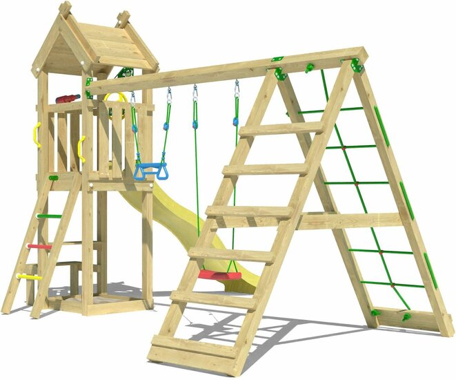 zijaanzicht op Houten Speeltoren Jungle Totem met Gele Glijbaan en Klimnet